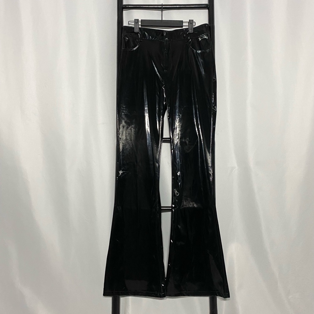 Brand New The Sang Black Patent Glossy Latex vibe Flare Pants Size L